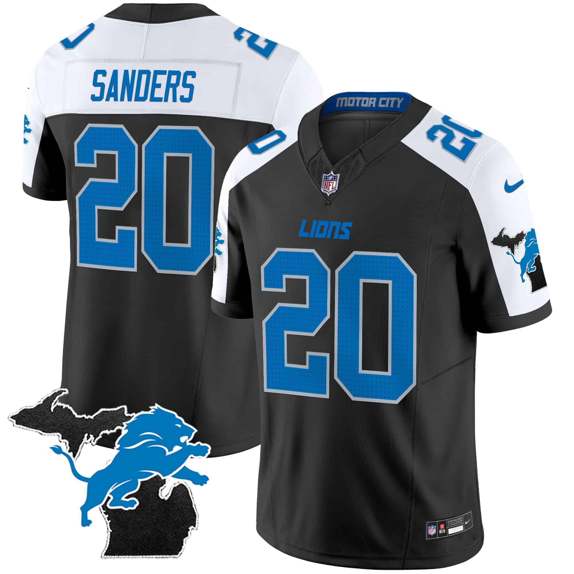 Men Detroit Lions #20 Sanders Black 2024 Nike Michigan Patch Vapor Limited NFL Jersey